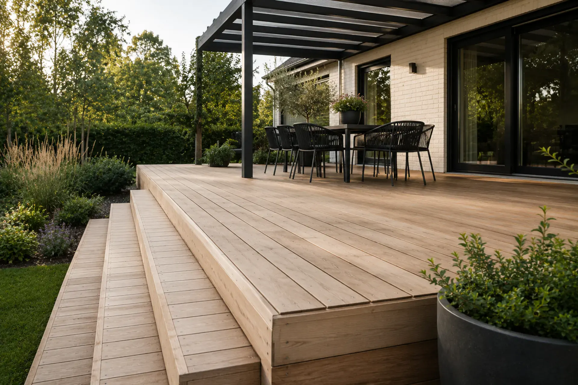 Moderne træterrasse med udendørs møbler og grønne omgivelser.