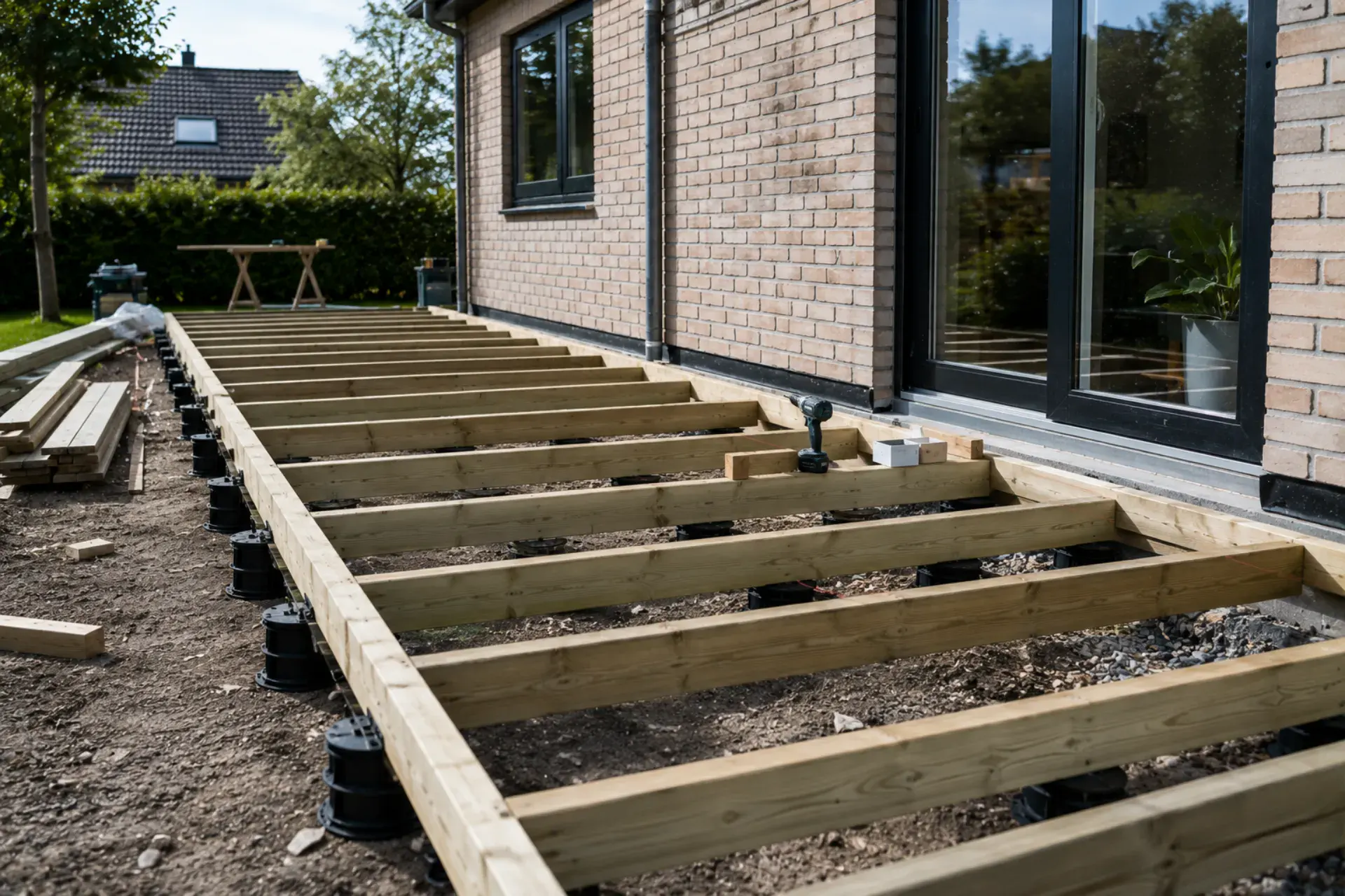 Udendørs terrassebyggeri med trærammer til belægning.