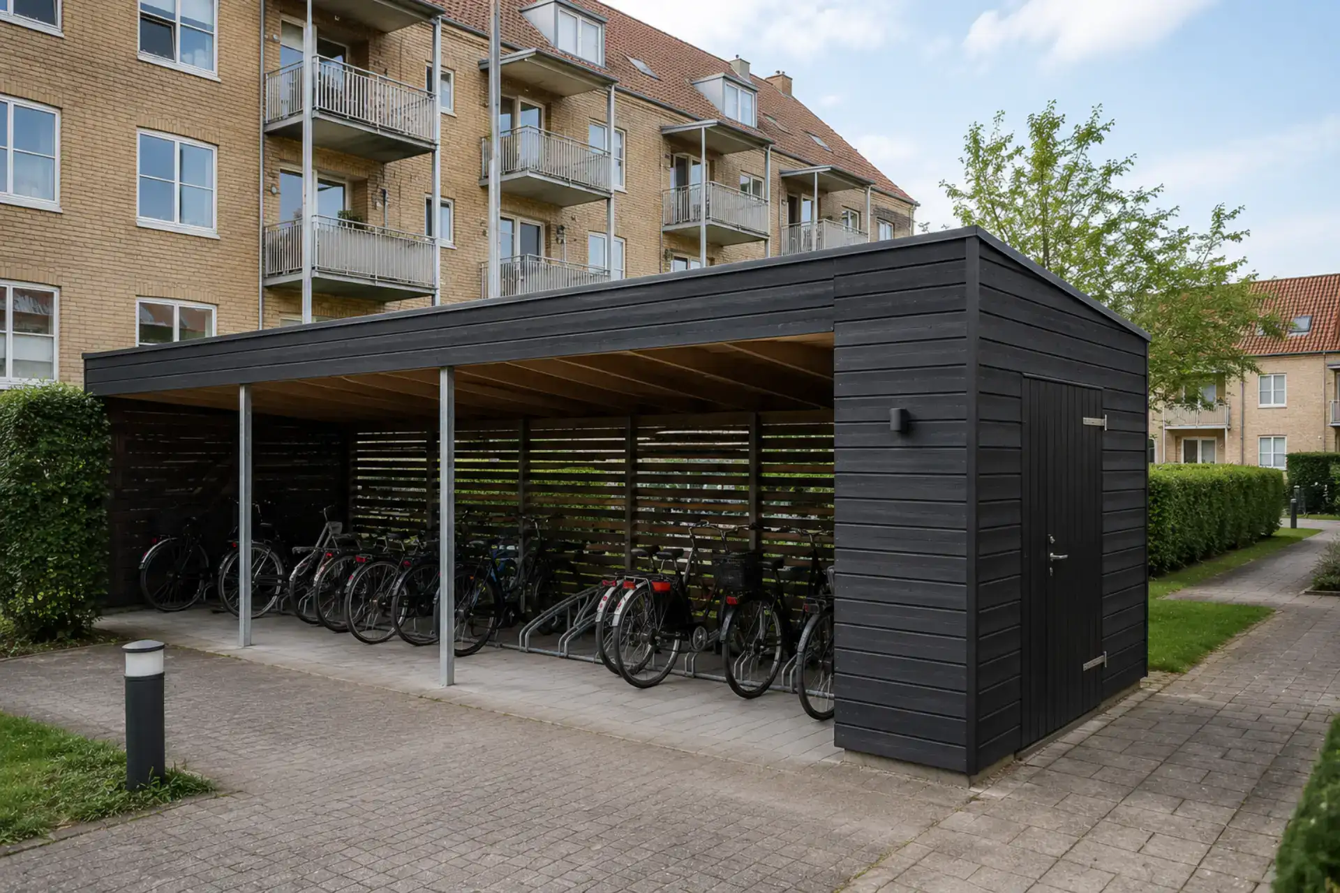 Moderne cykelparkering med tag i boligområde.