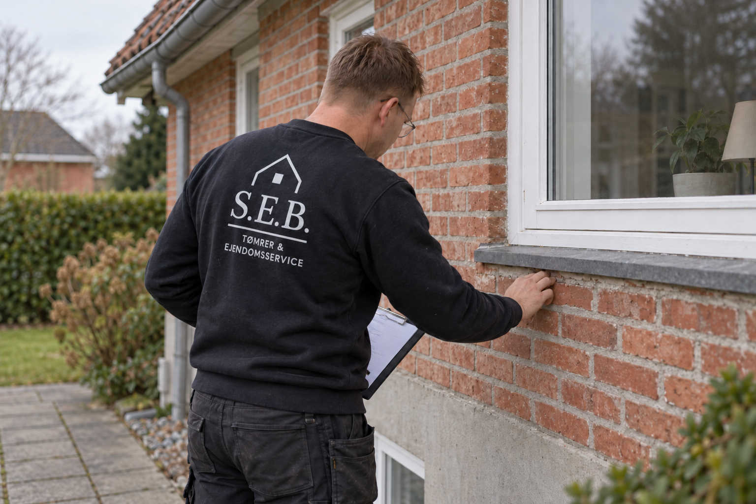 Tømrer fra S.E.B Tømrer & Ejendomsservice undersøger husets facade.